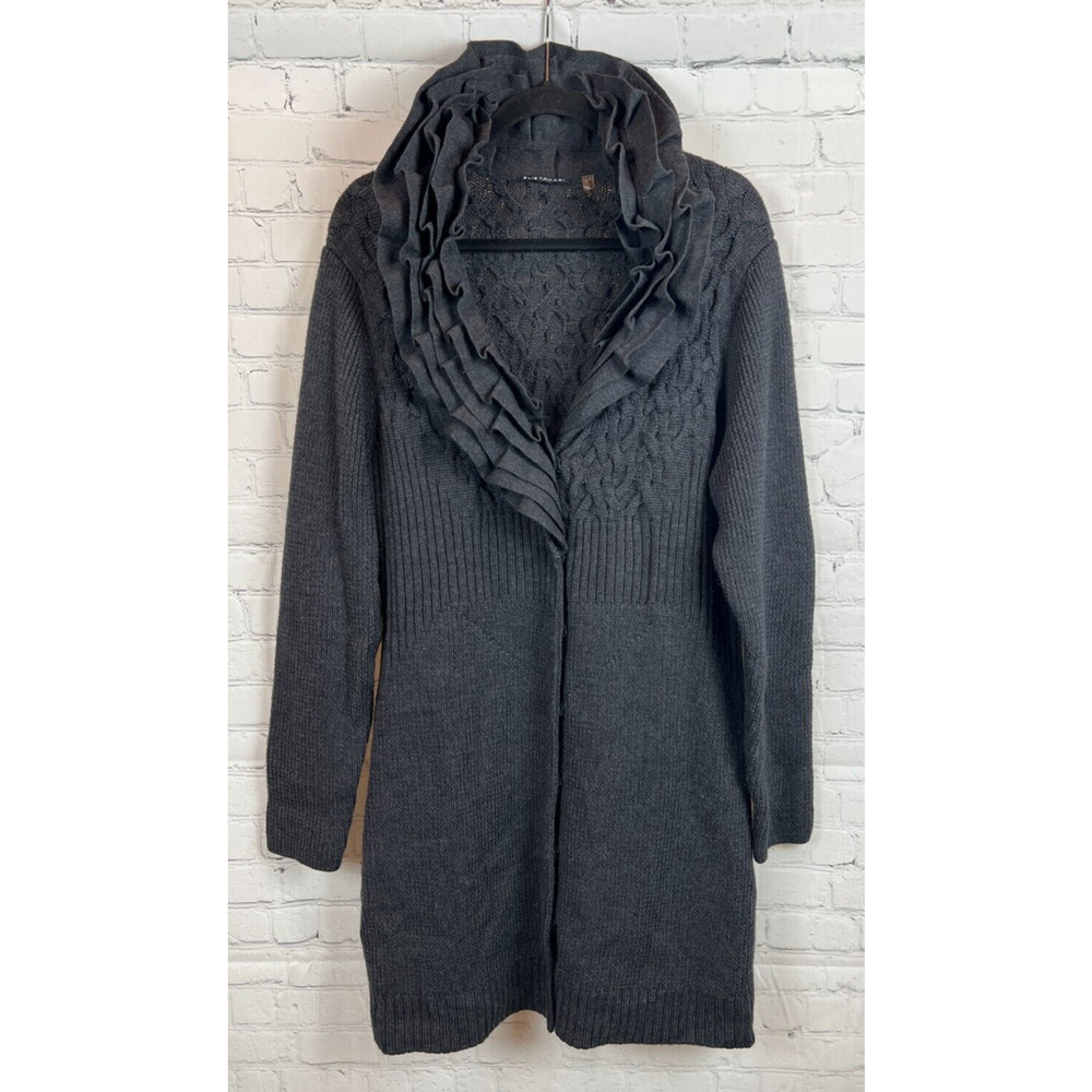 ELIE TAHARI gray wool blend frill knit long cardigan sweater size XL